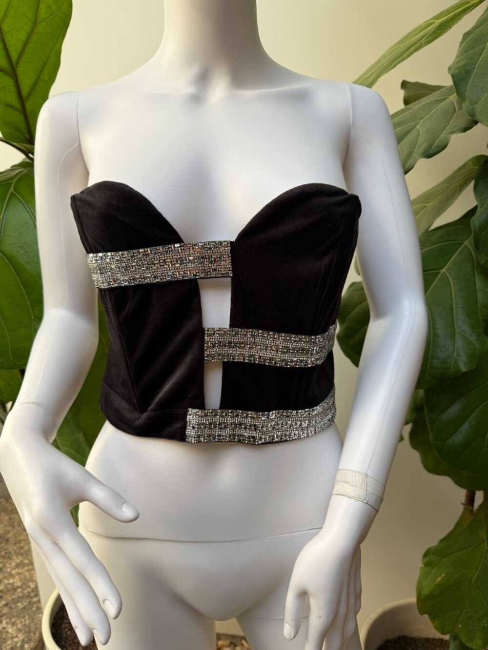 Sparkling AKIRA All Night Dream Black Velvet Rhinestone Corset Crop Top 90's